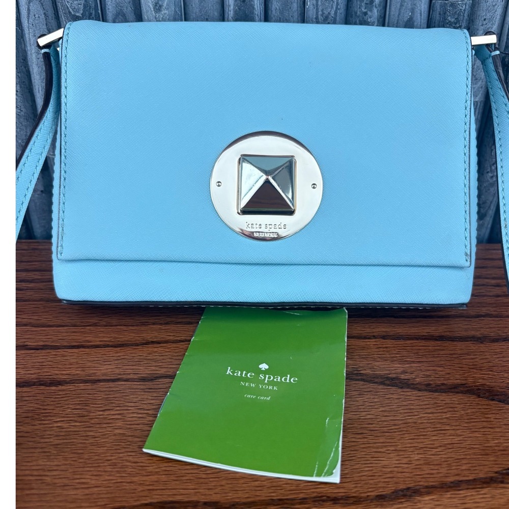Kate Spade New York Light Blue Saffiano Leather Crossbody Bag Pyramid Turn Lock - Picture 6 of 8